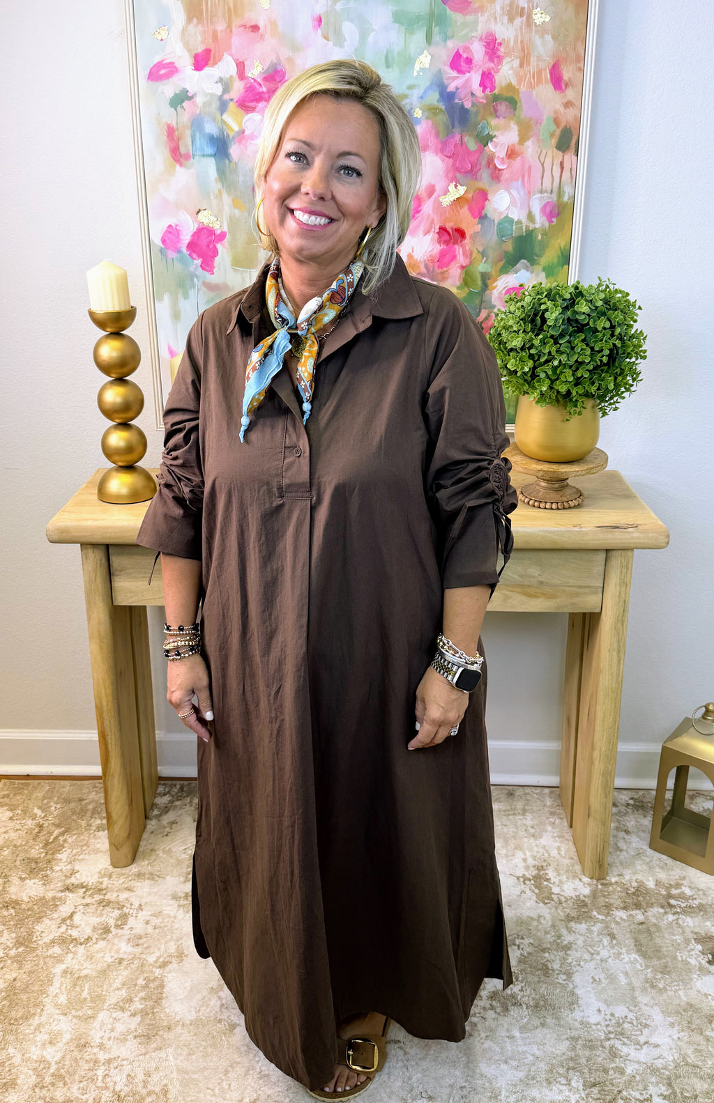 Jolene Tie Sleeve Dress - Brown