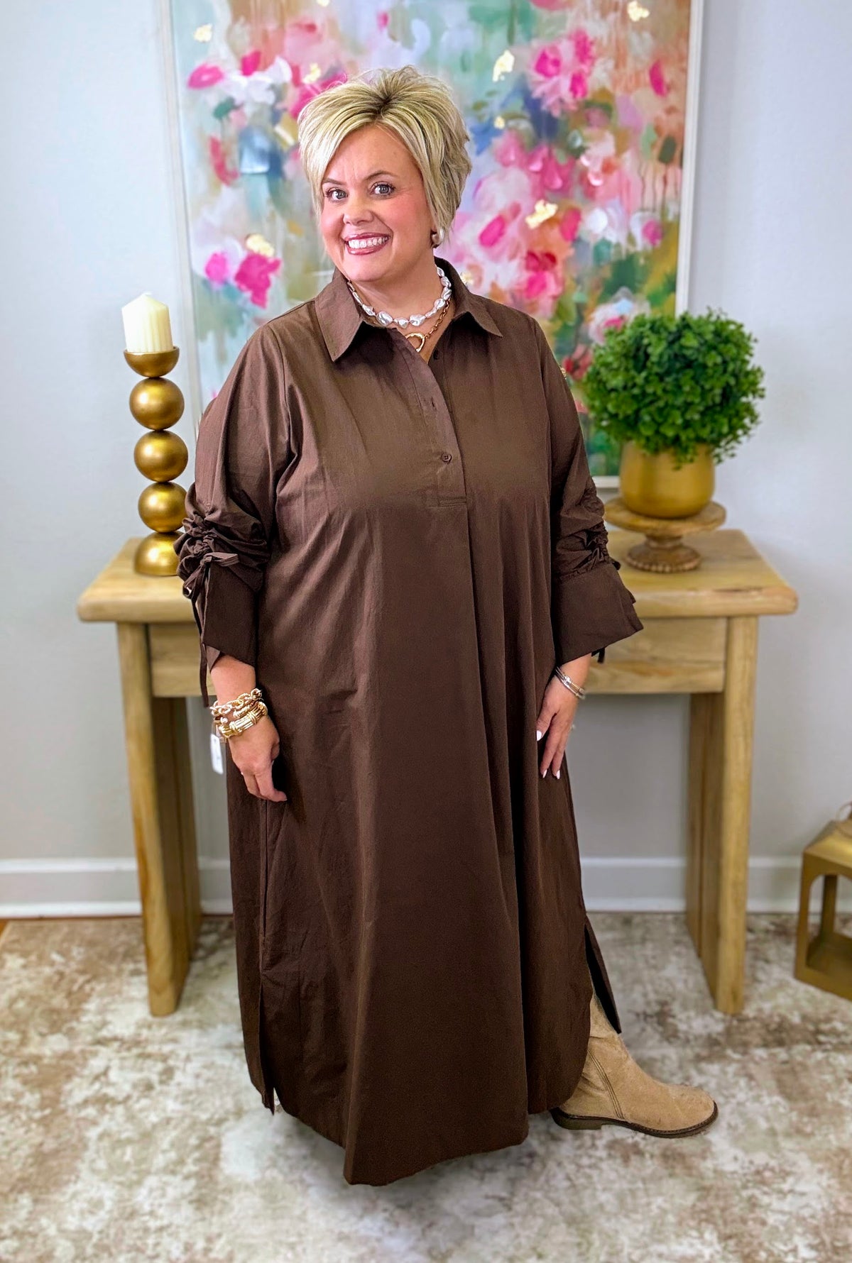 Jolene Tie Sleeve Dress - Brown