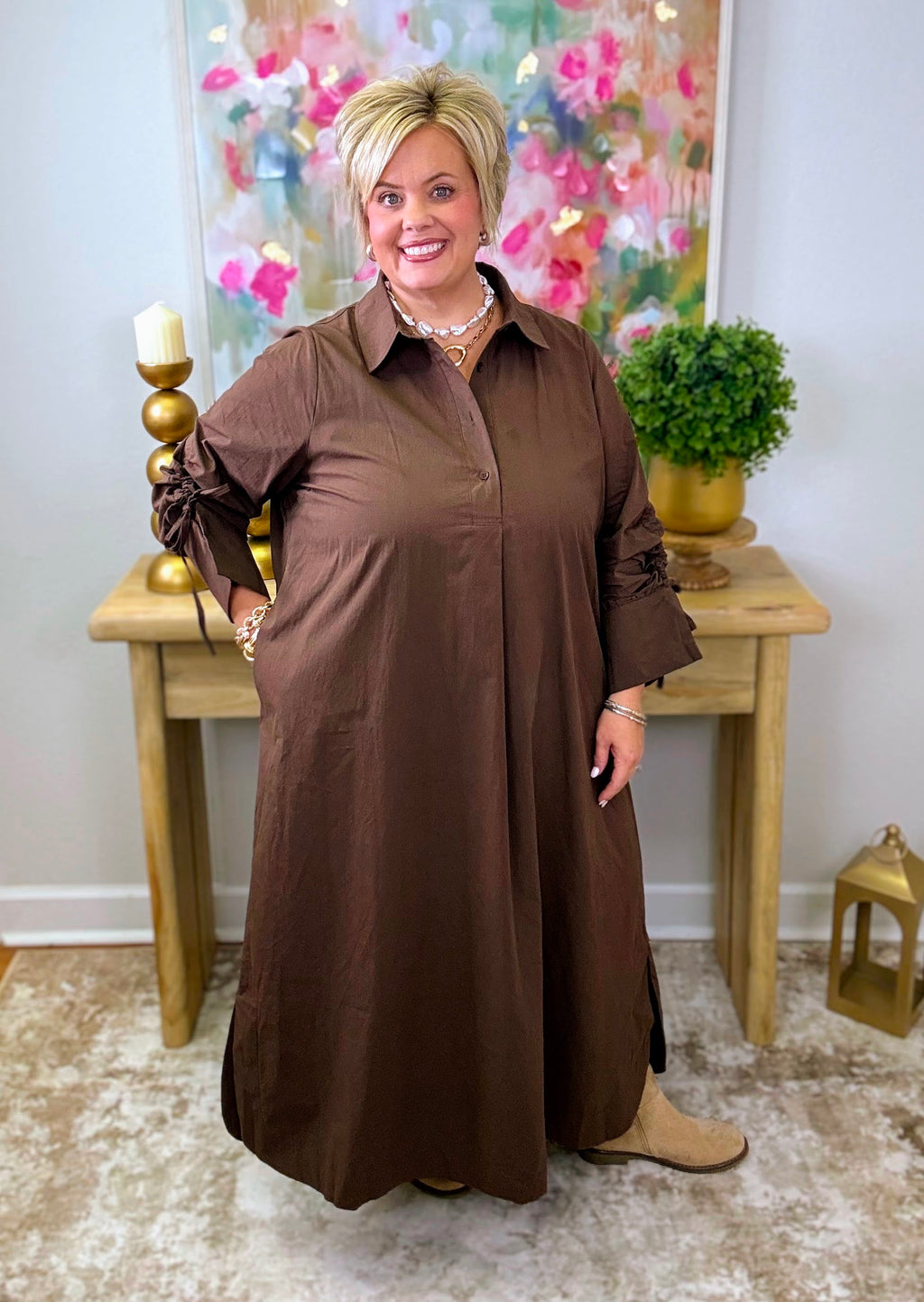 Jolene Tie Sleeve Dress - Brown