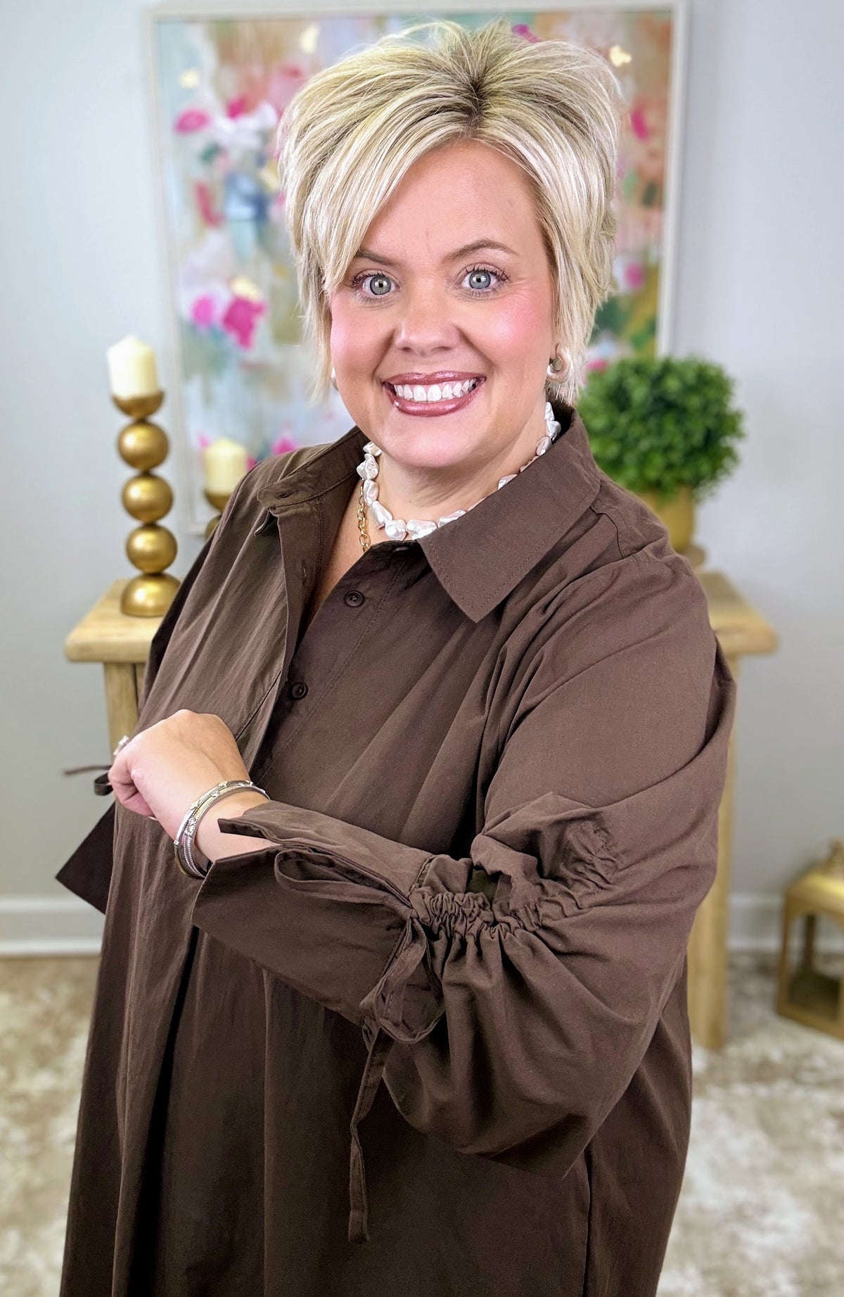 Jolene Tie Sleeve Dress - Brown